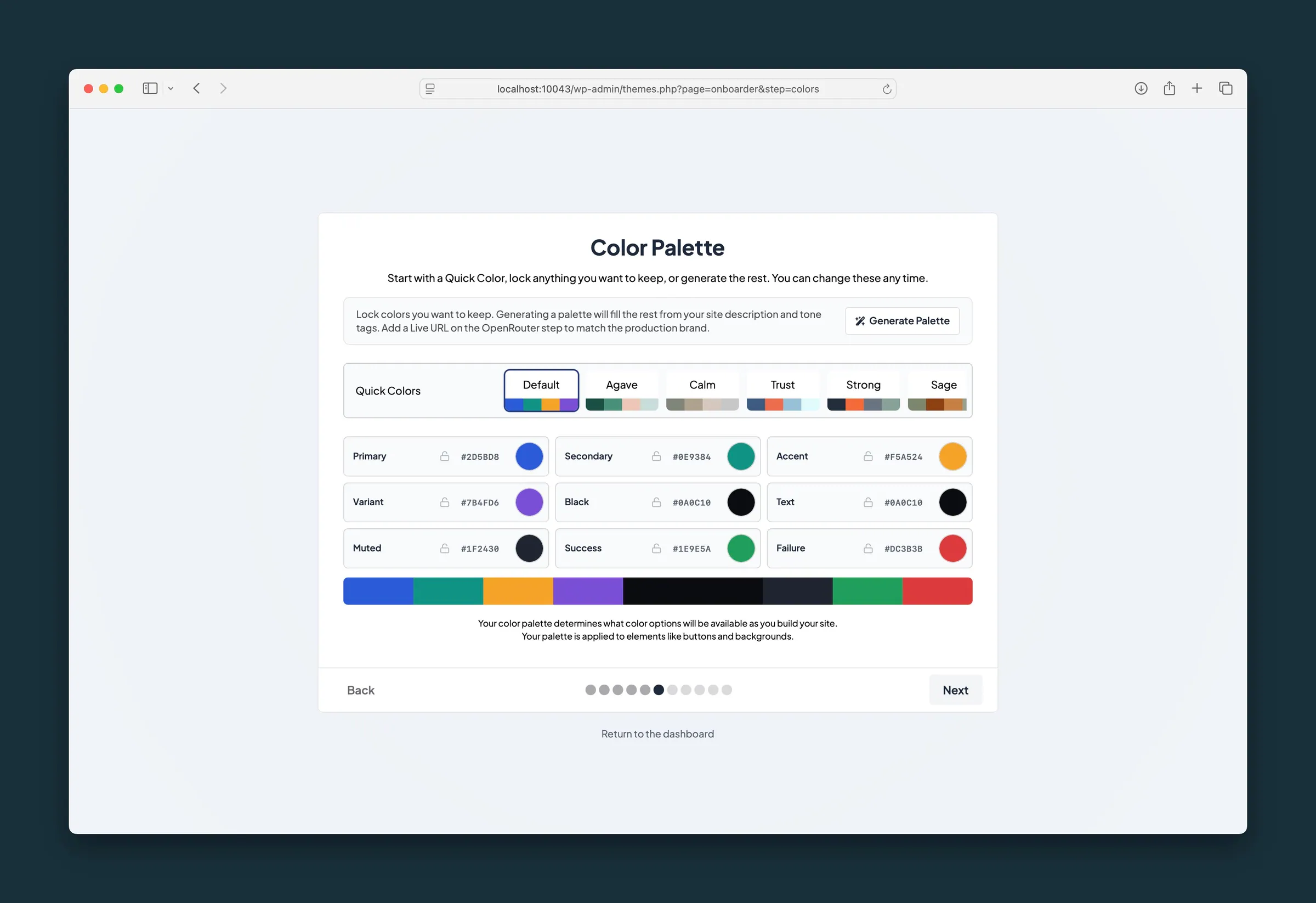 Theme Setup Color Palette step with Quick Colors presets and swatches