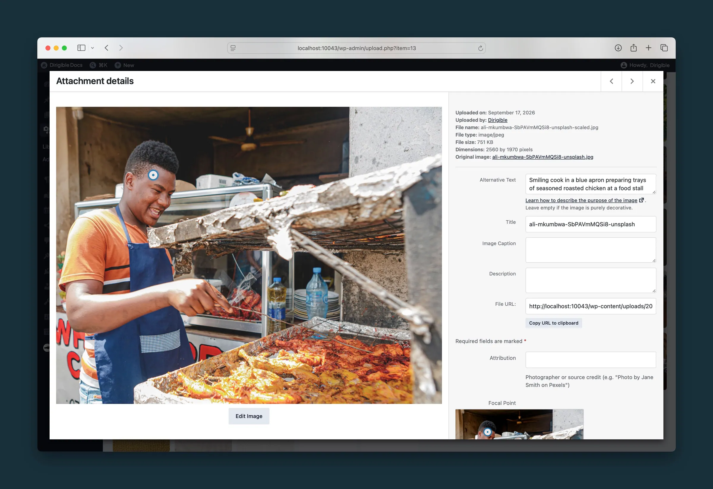 Media Library image with a focal point marker on the preview and in the sidebar