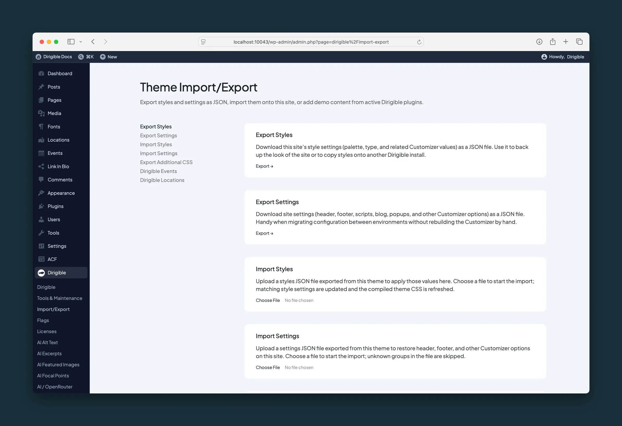 Theme Import/Export admin page with export and import cards