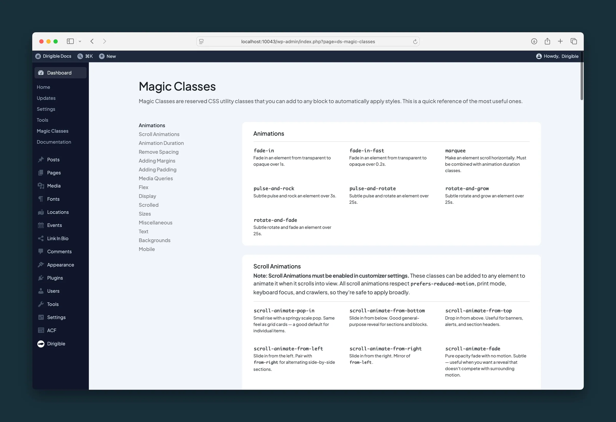 Magic Classes admin page listing animation and scroll utility classes