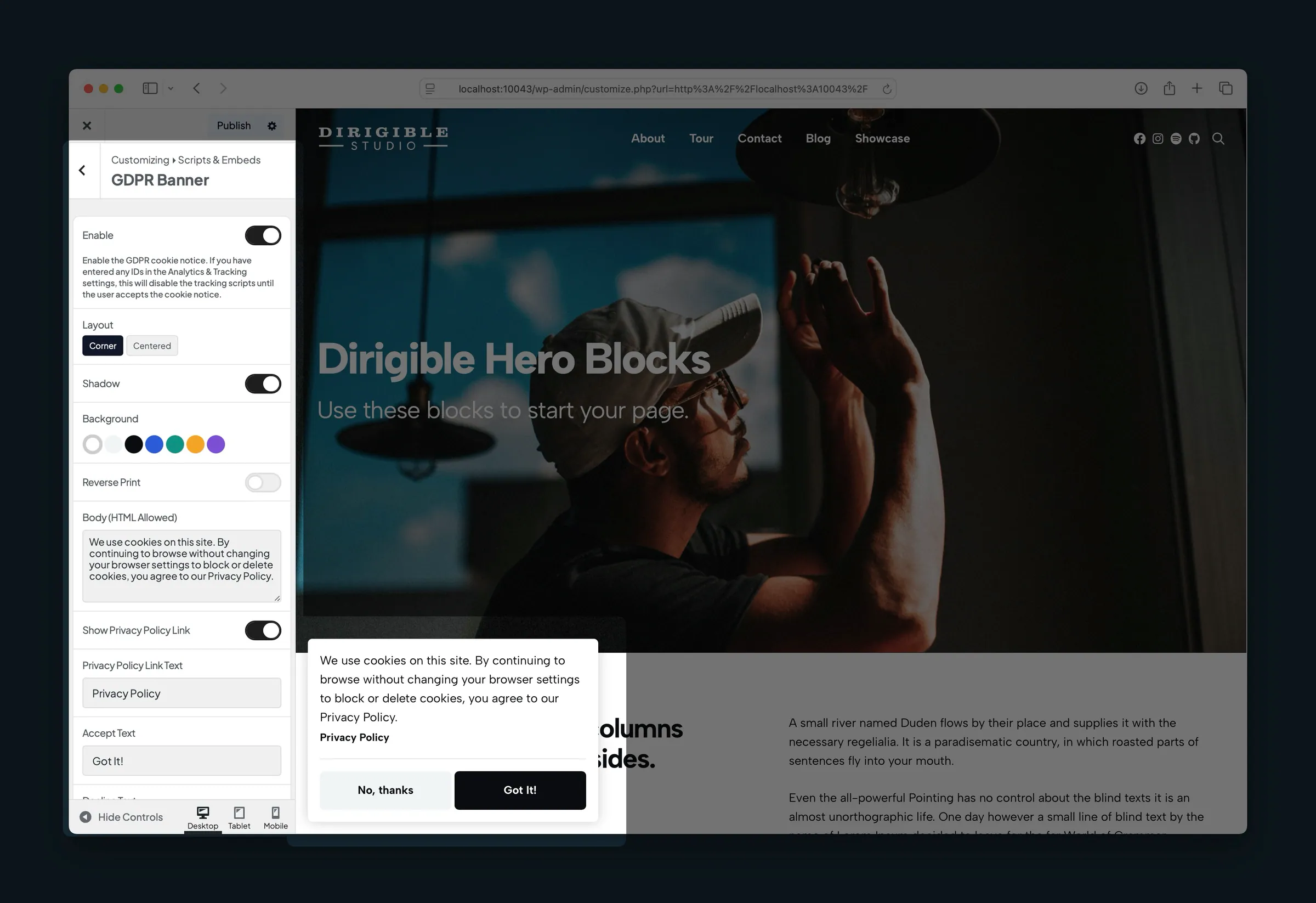 Customizer GDPR Banner settings with a cookie notice on the homepage preview