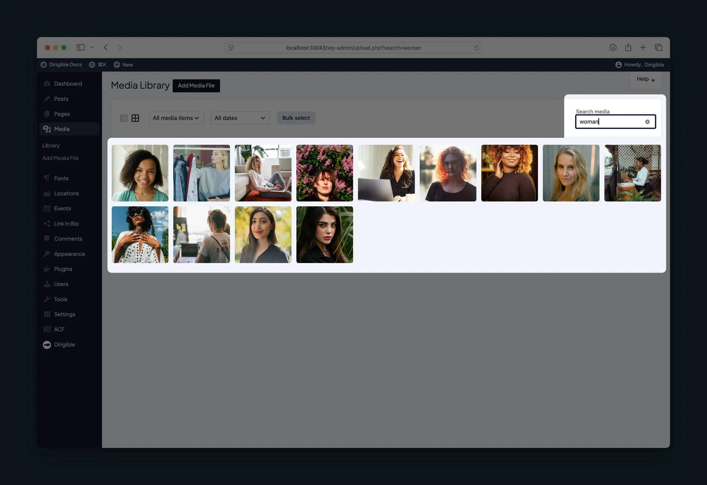 Media Library grid showing search results for woman