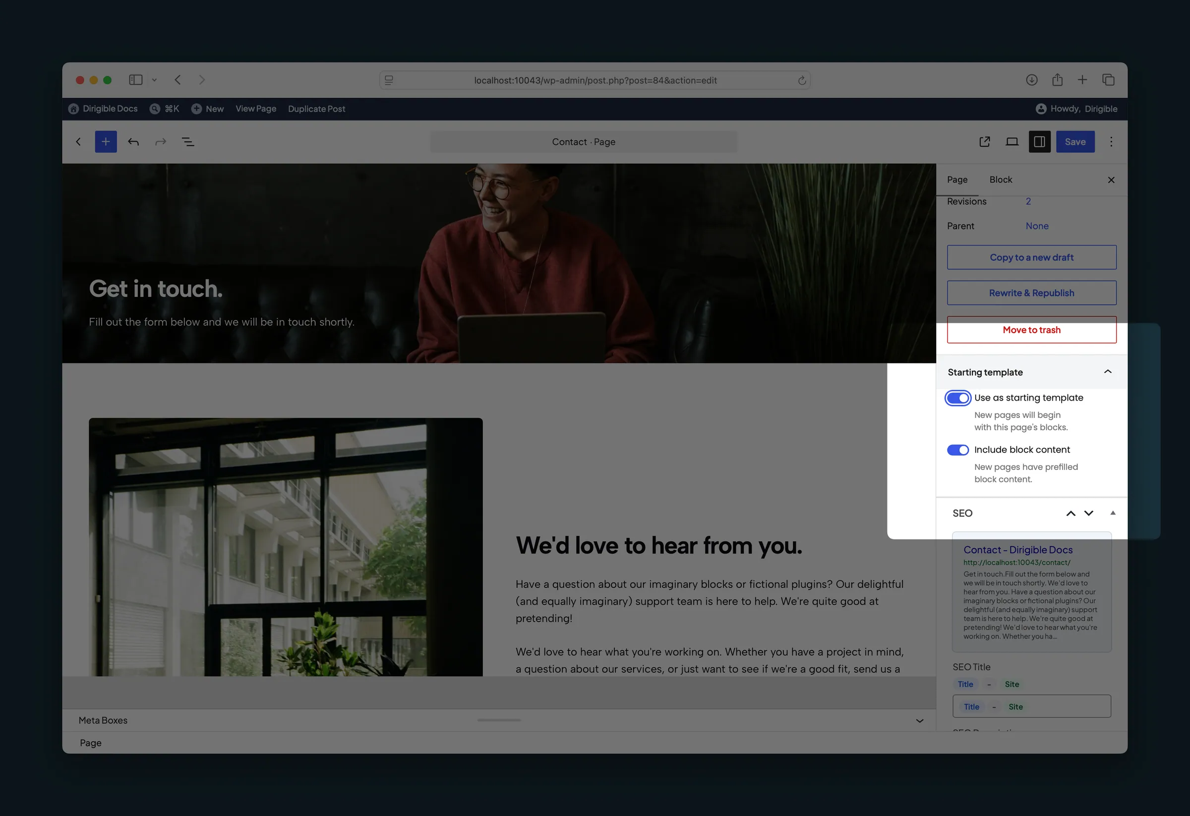 Contact page editor with Starting template toggles enabled in the sidebar