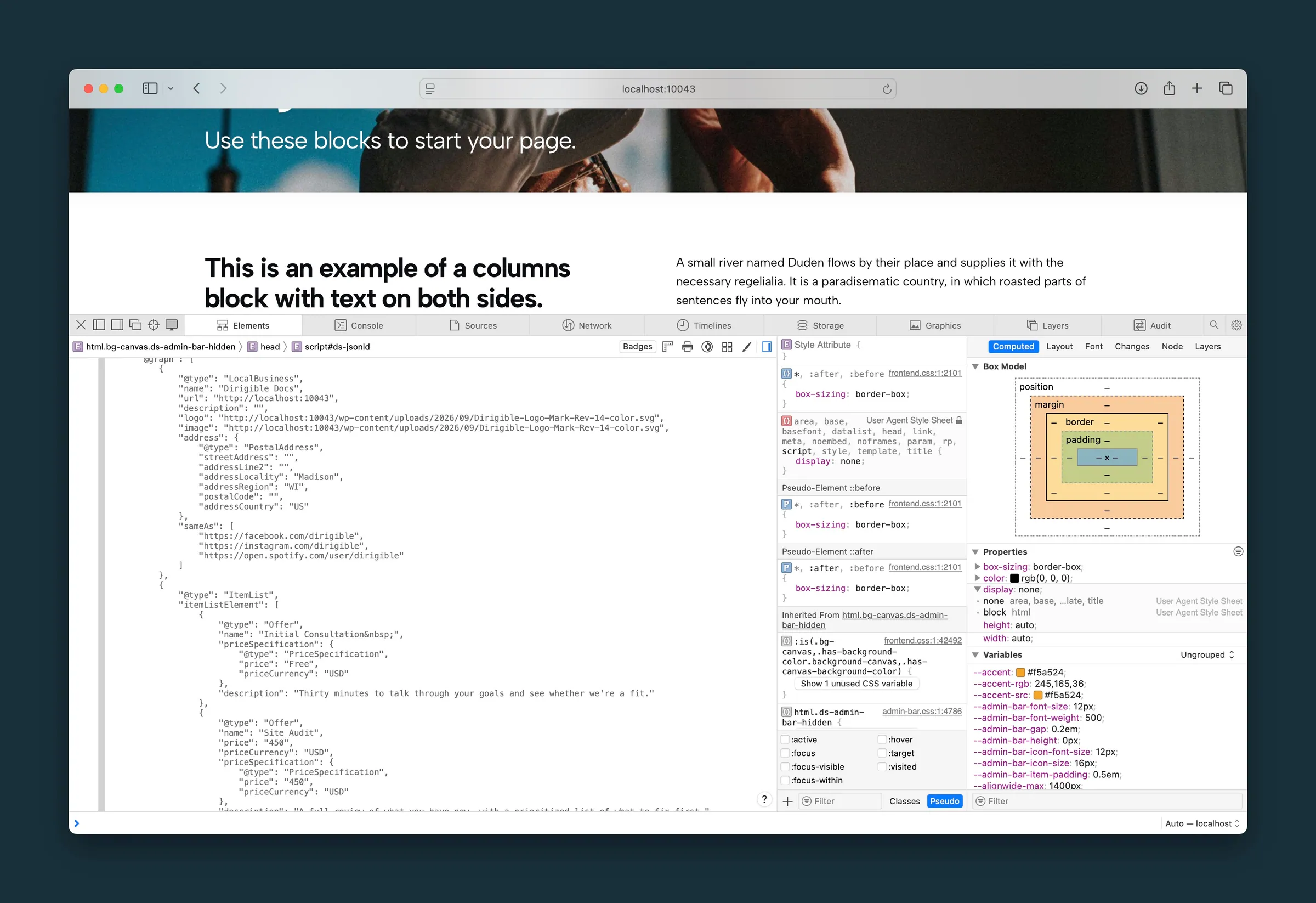 Published page with the inspector showing LocalBusiness structured data