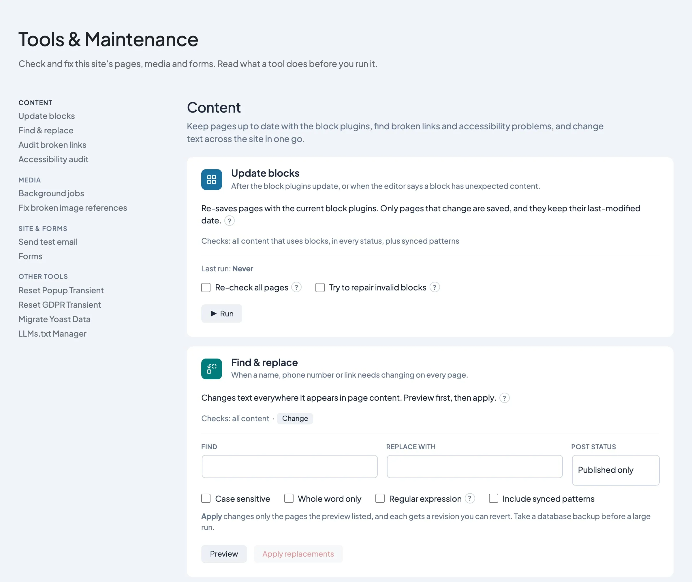Tools and Maintenance admin screen with task cards