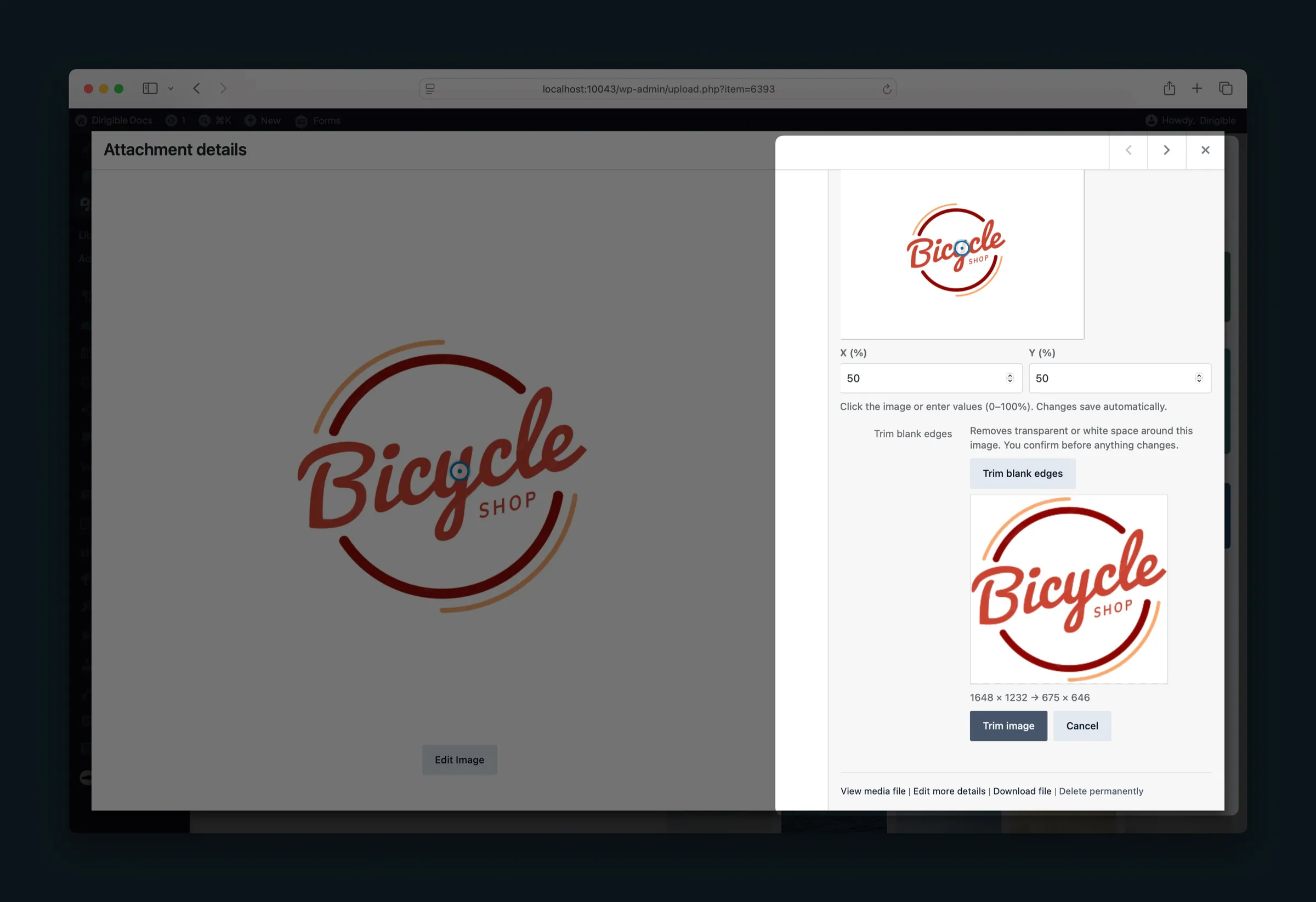 Attachment details with Trim blank edges showing a logo preview and a smaller size