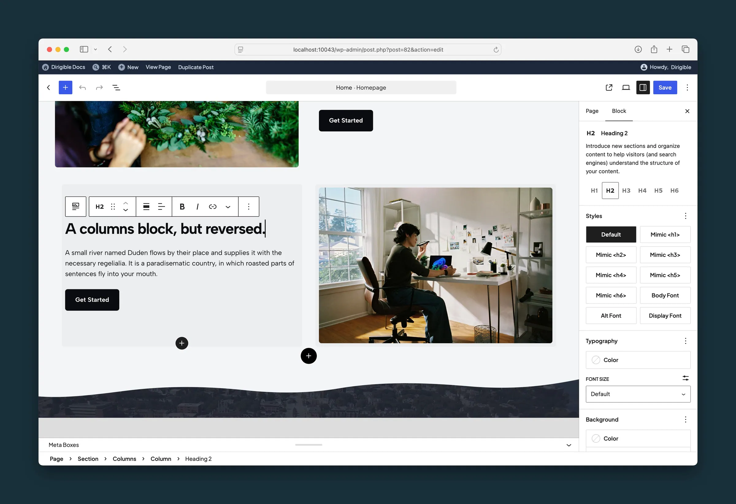 Block editor page canvas with Dirigible theme styles applied