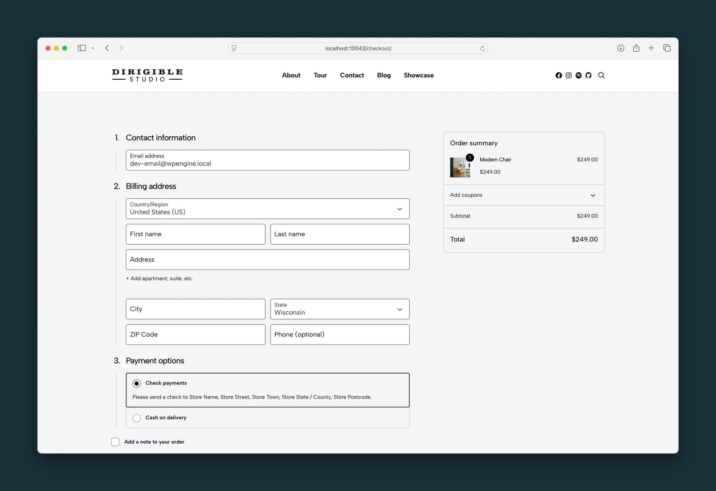 Checkout page with contact, billing, payment options, and an order summary