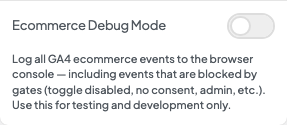 Ecommerce Debug Mode setting in the block editor sidebar