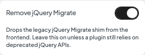 Remove jQuery Migrate setting in the block editor sidebar