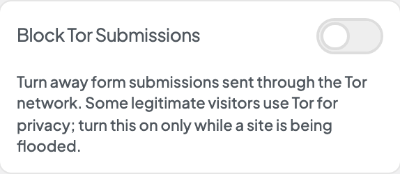 Block Tor Submissions setting in the block editor sidebar