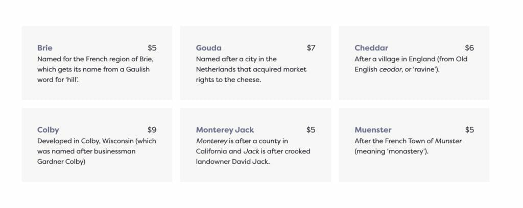 Price List in the cards style
