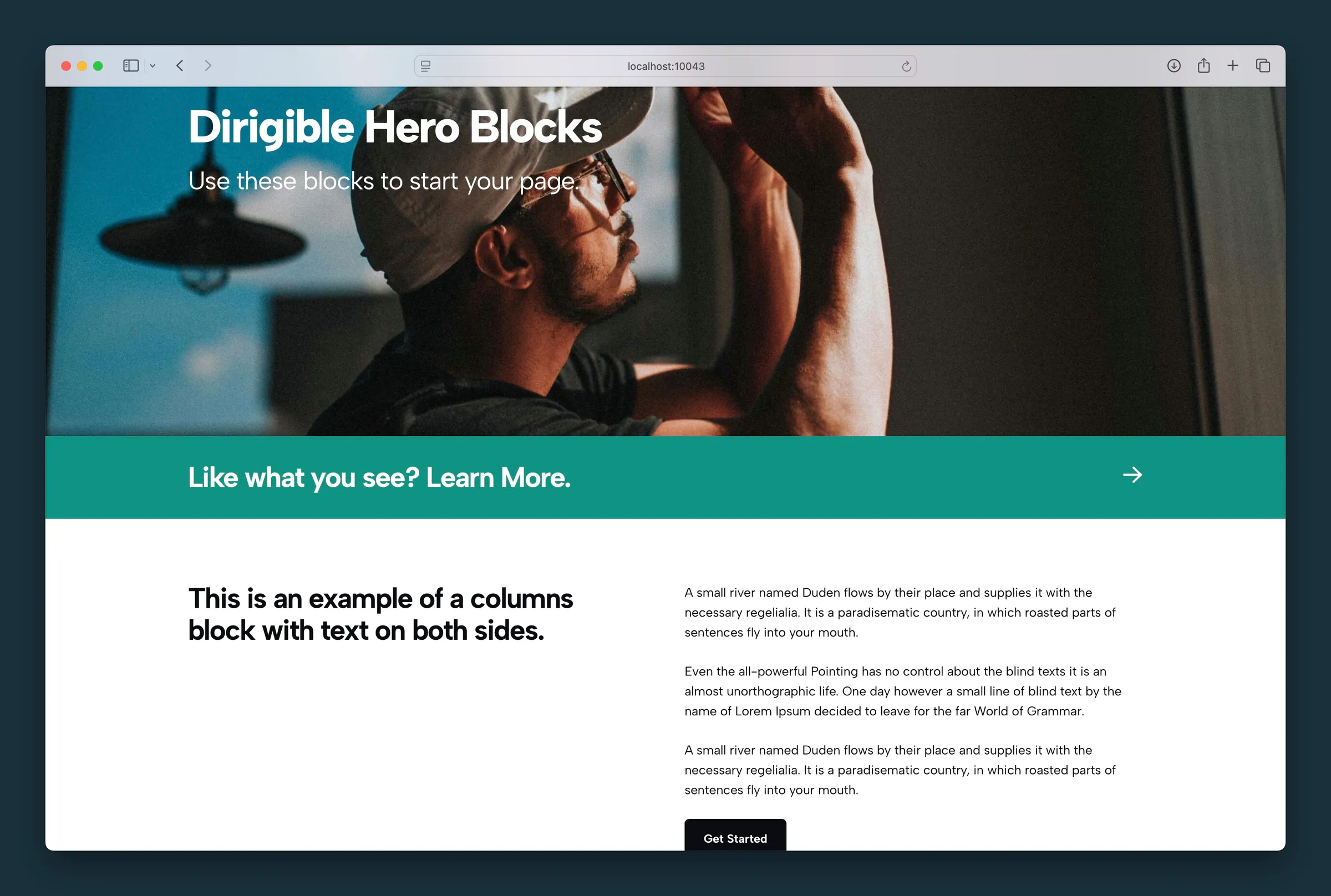 Teal action strip between a hero and columns — spaced layout with light text and an arrow.