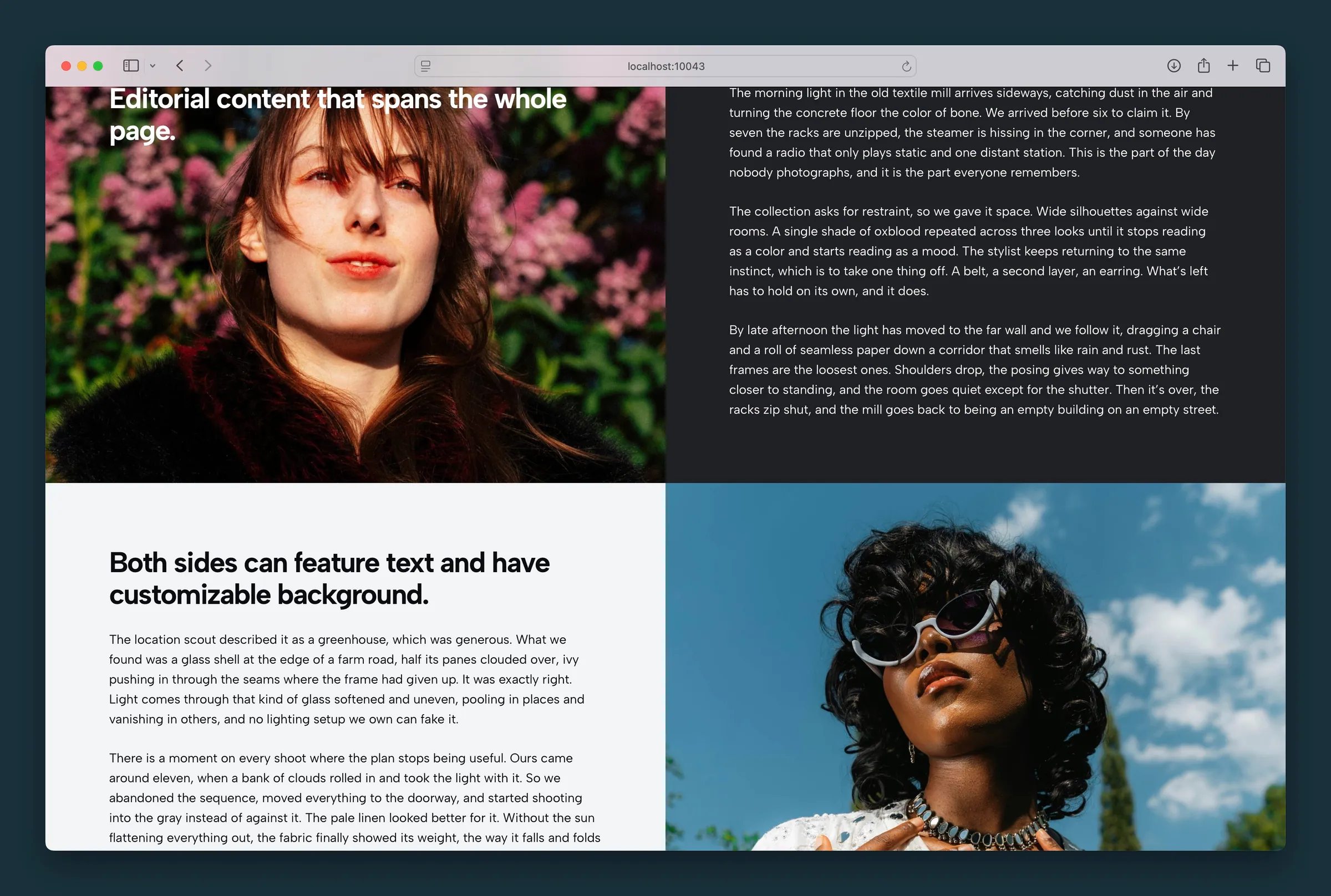 Stacked Blocks pairs in a checkerboard — photo panels beside text panels with custom backgrounds.