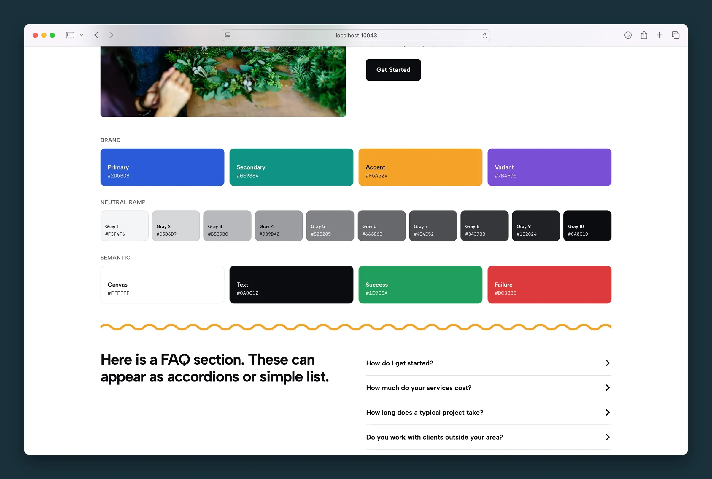 Brand, Neutral Ramp, and Semantic swatches with labels and hex values from the theme palette.