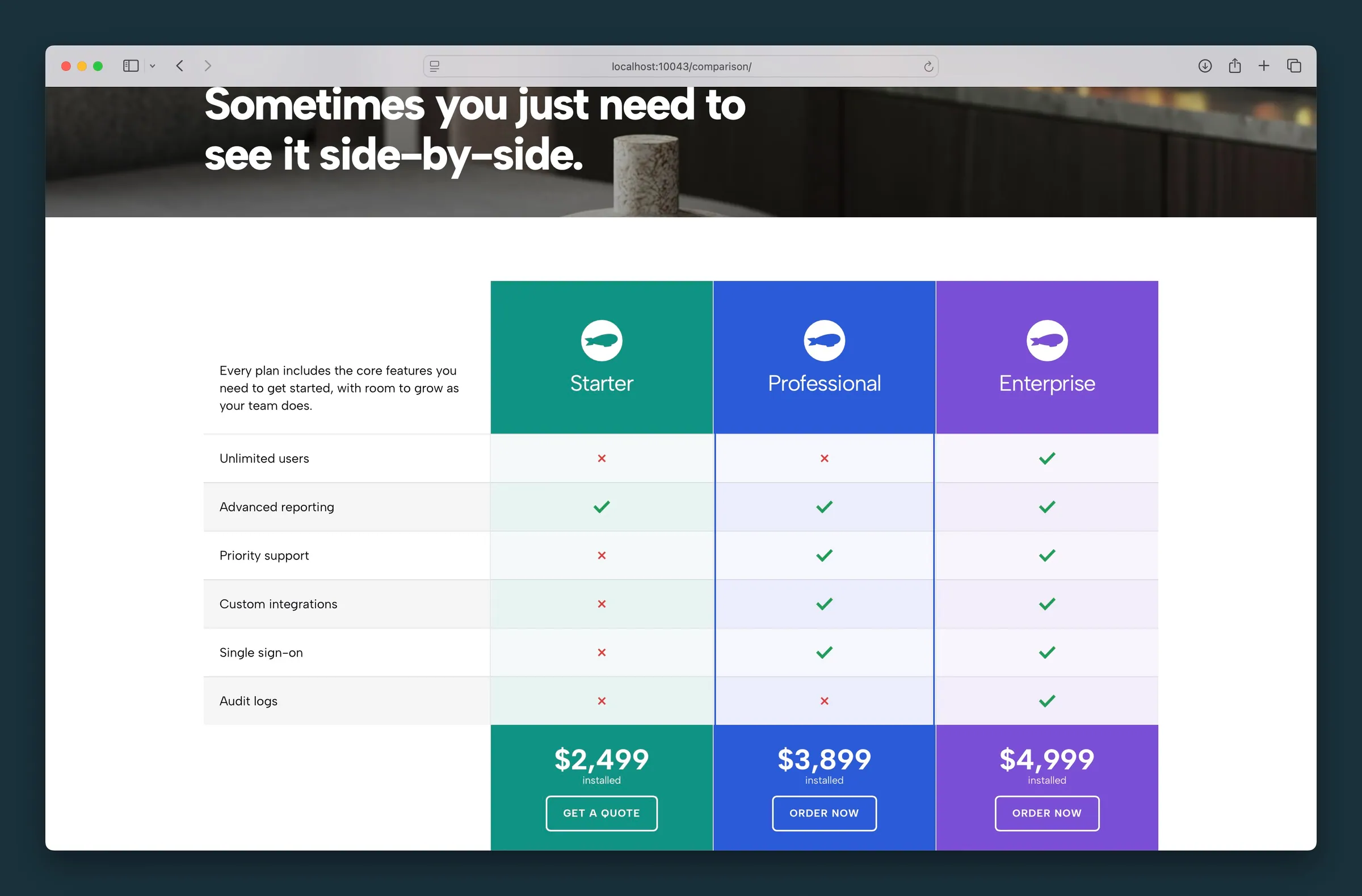 Three-plan comparison table under a hero — check and X icons, prices, and CTAs per column.