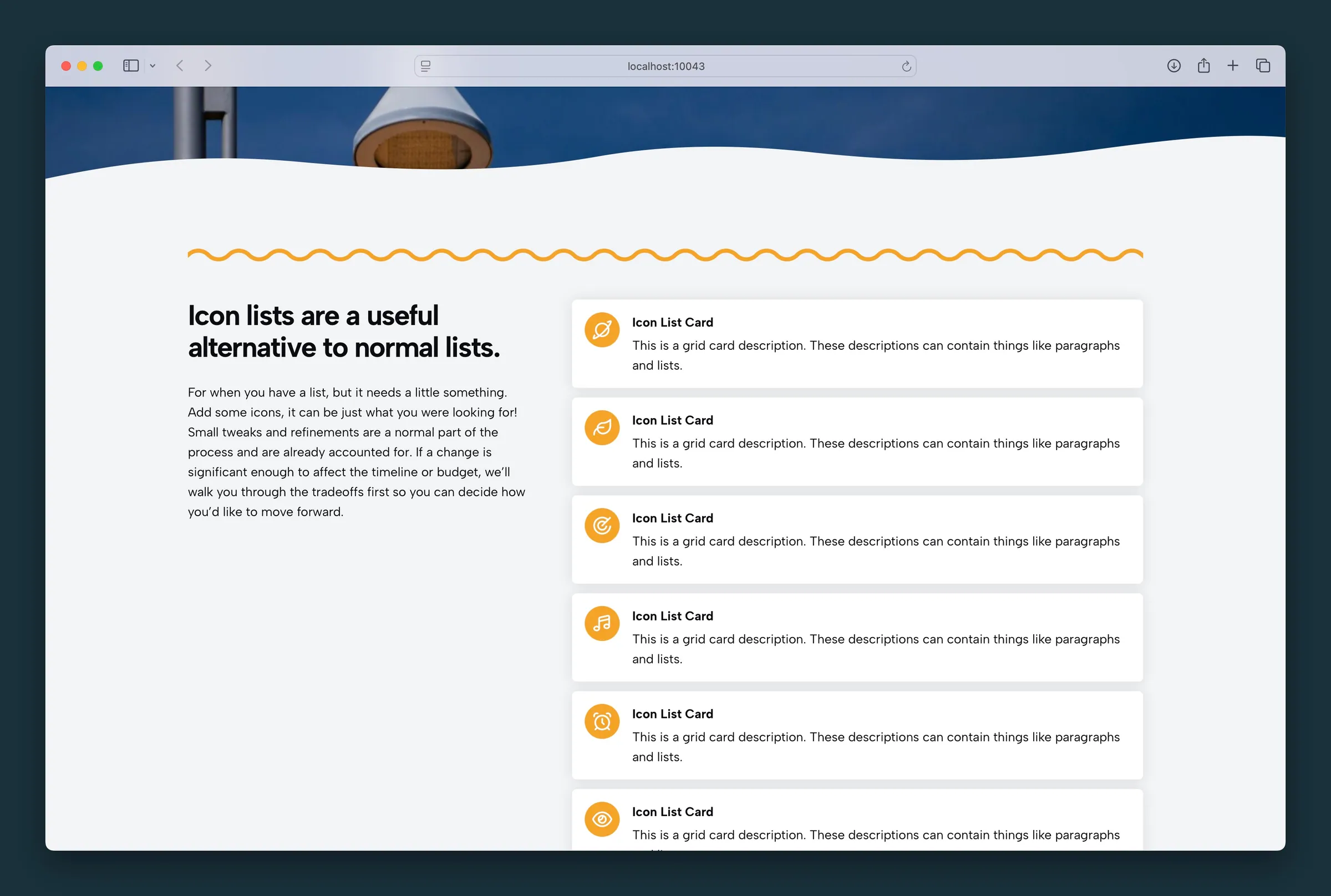 Single-column icon list beside intro copy — shadowed cards with mustard icon circles.