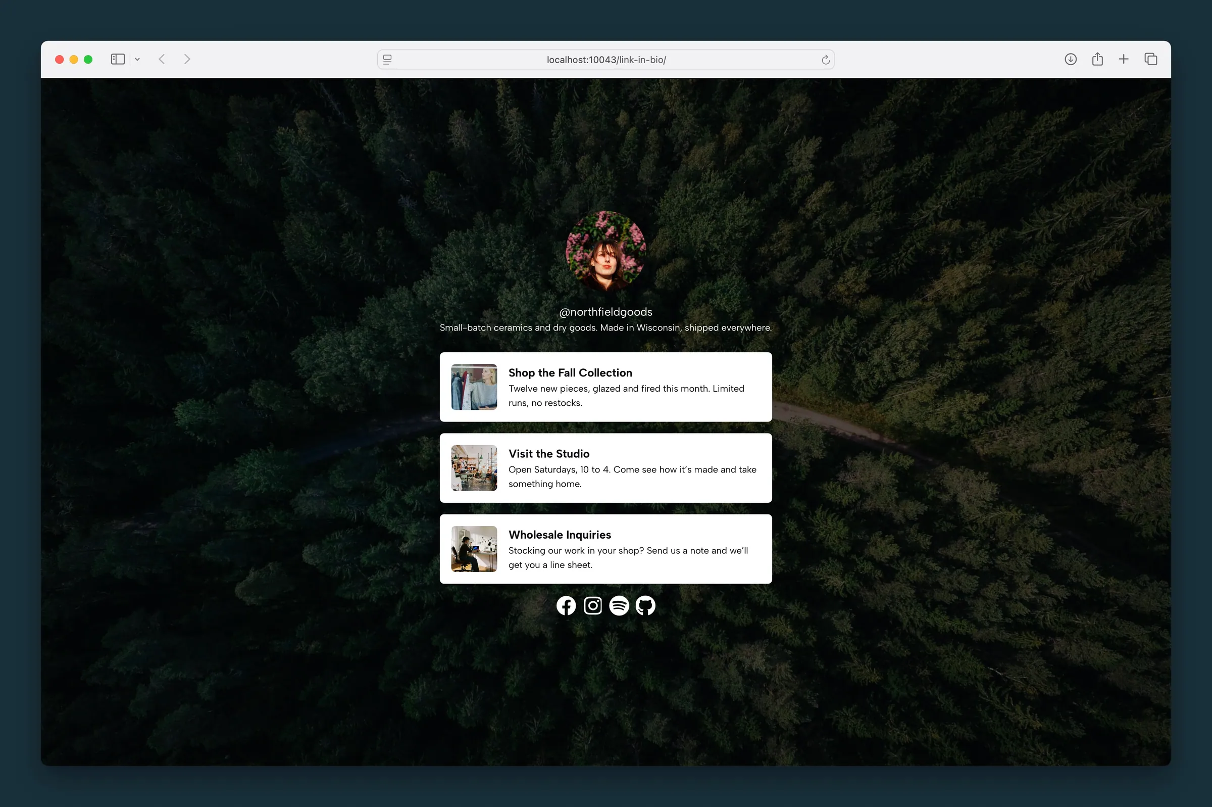 Full-height link-in-bio page — circular avatar, handle, bio, stacked link cards, and social icons on a photo background.