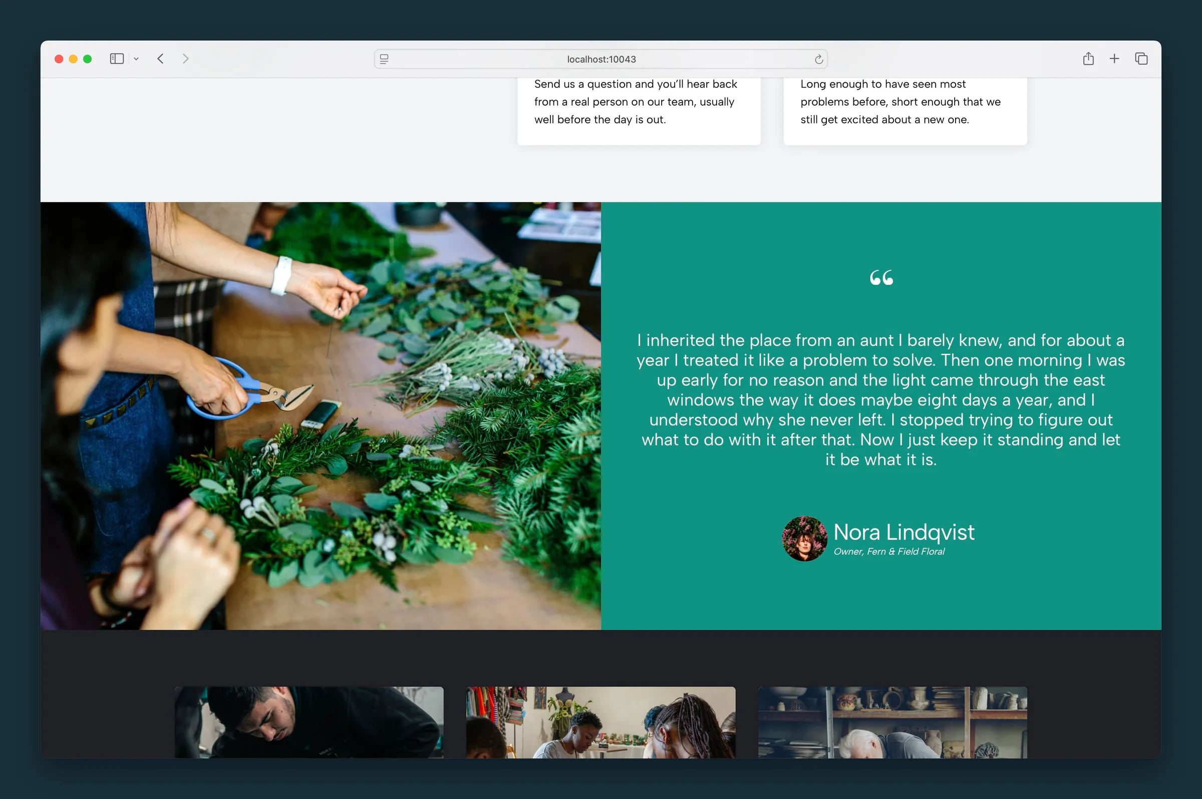 Photo column beside a teal quote column — quote marks, citation, headshot, and job title.