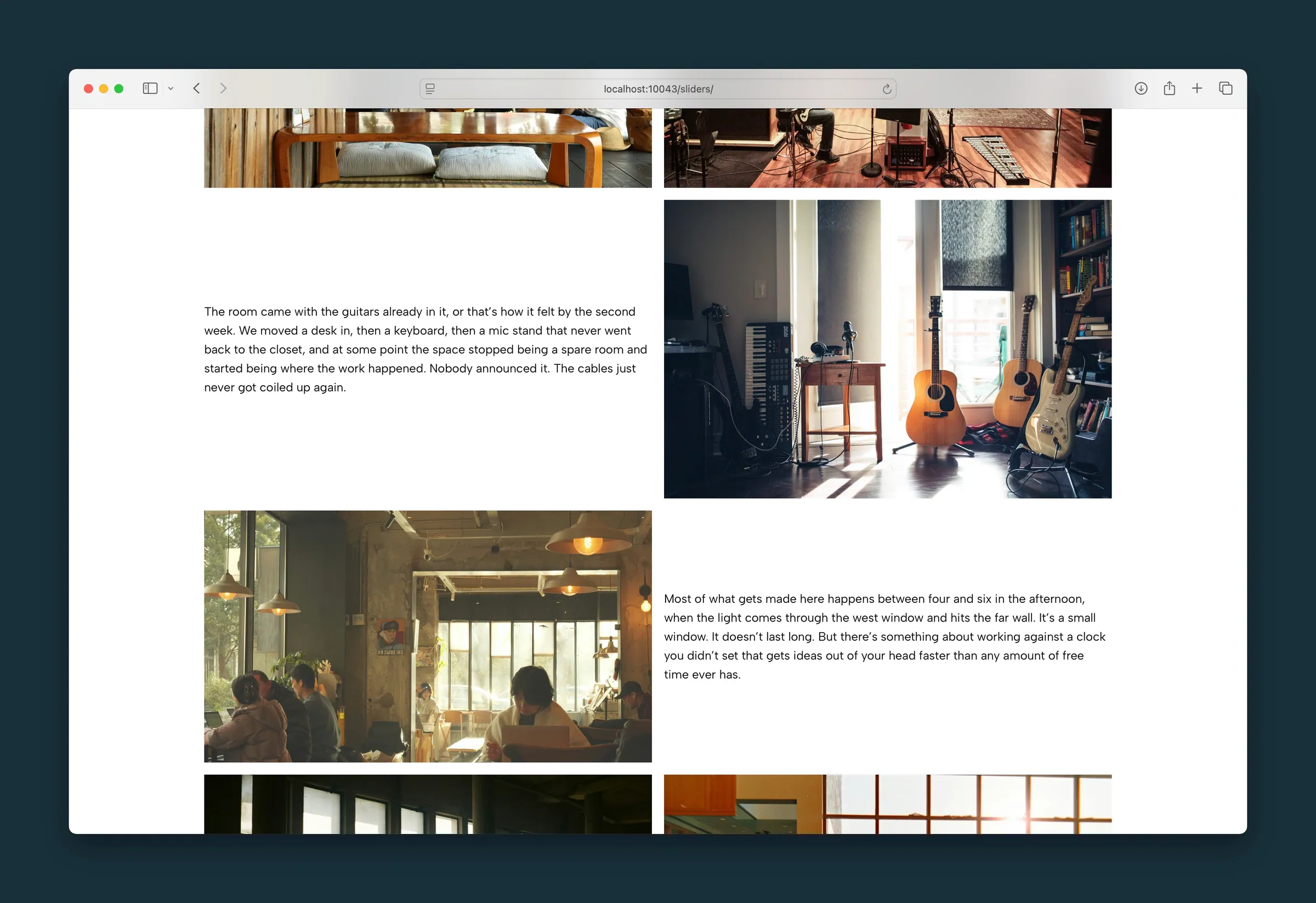 A two-column editorial grid — photos and story passages alternating down the page.