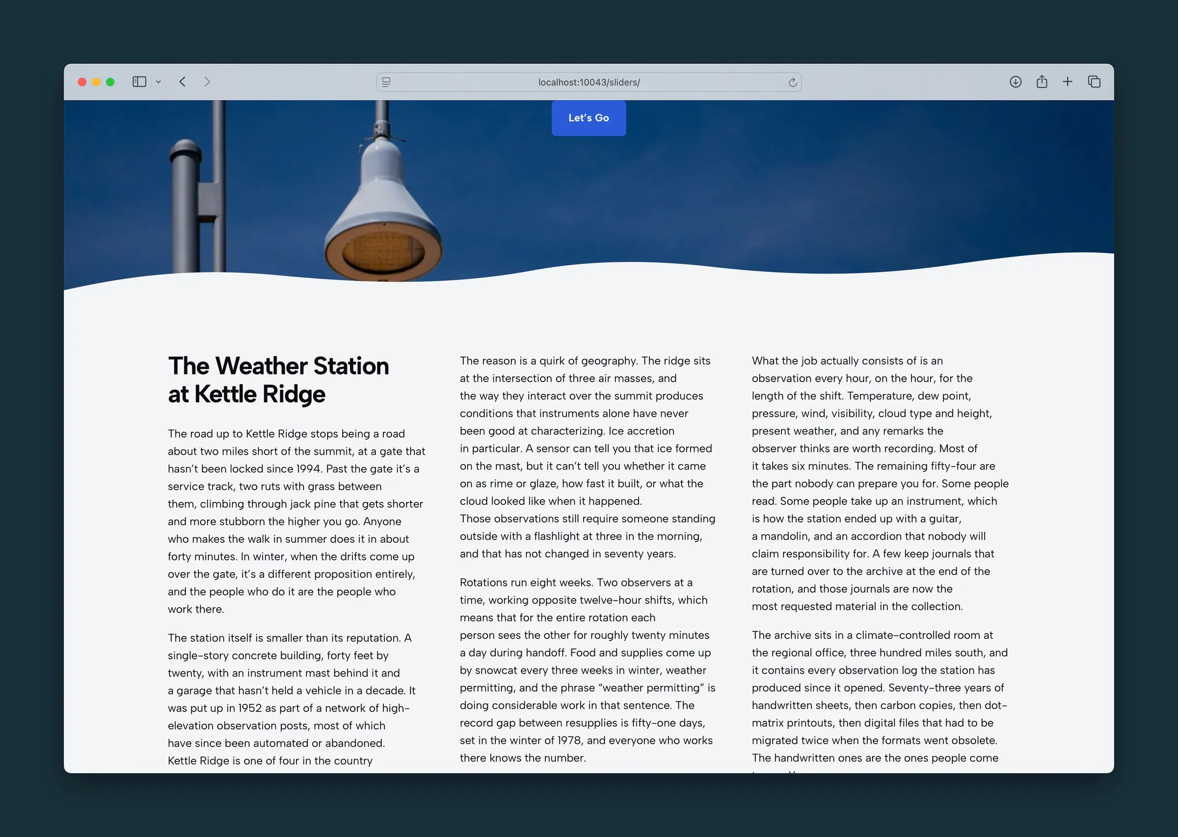 A long story flowing across three columns, starting with The Weather Station at Kettle Ridge.