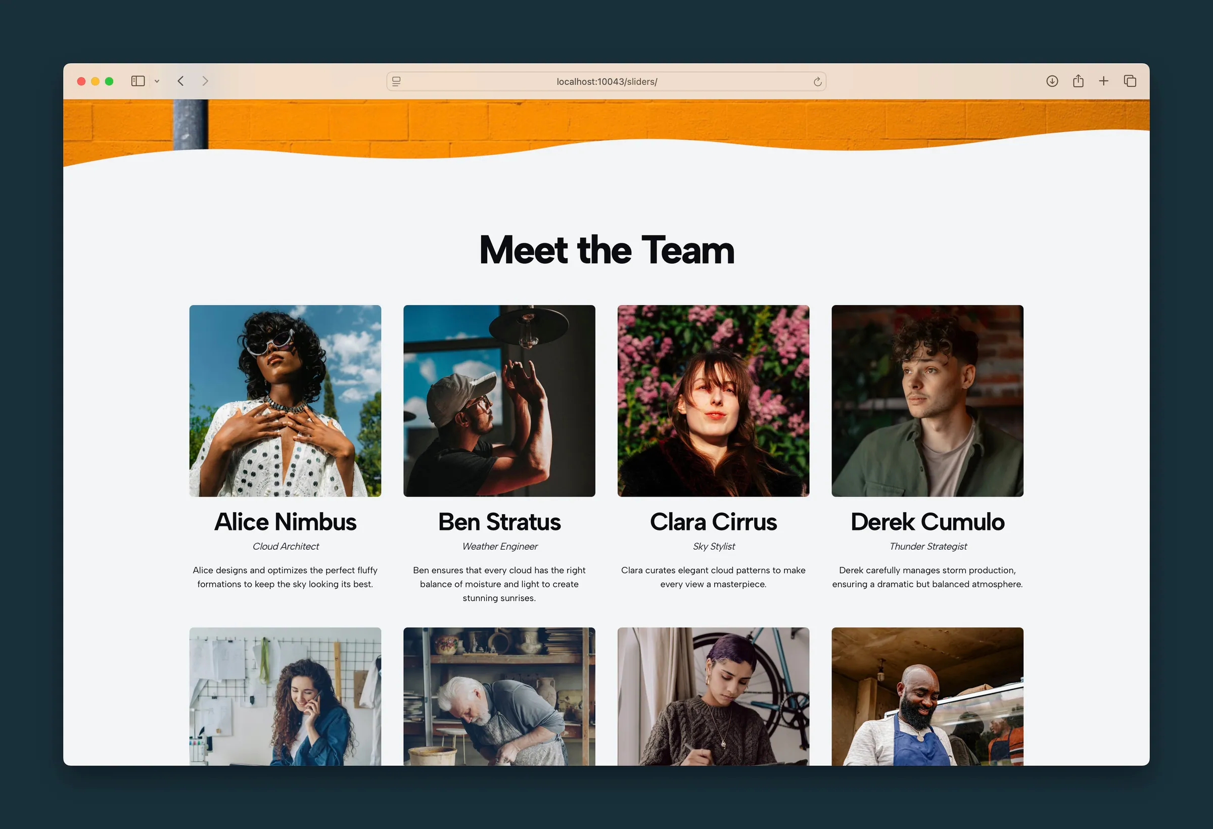Meet the Team in four columns, with square photos, names, titles, and short bios.