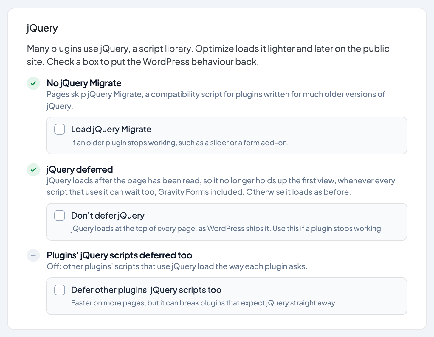 The jQuery card in Optimize Settings with the Load jQuery Migrate, Don't defer jQuery and Defer other plugins' jQuery scripts too checkboxes