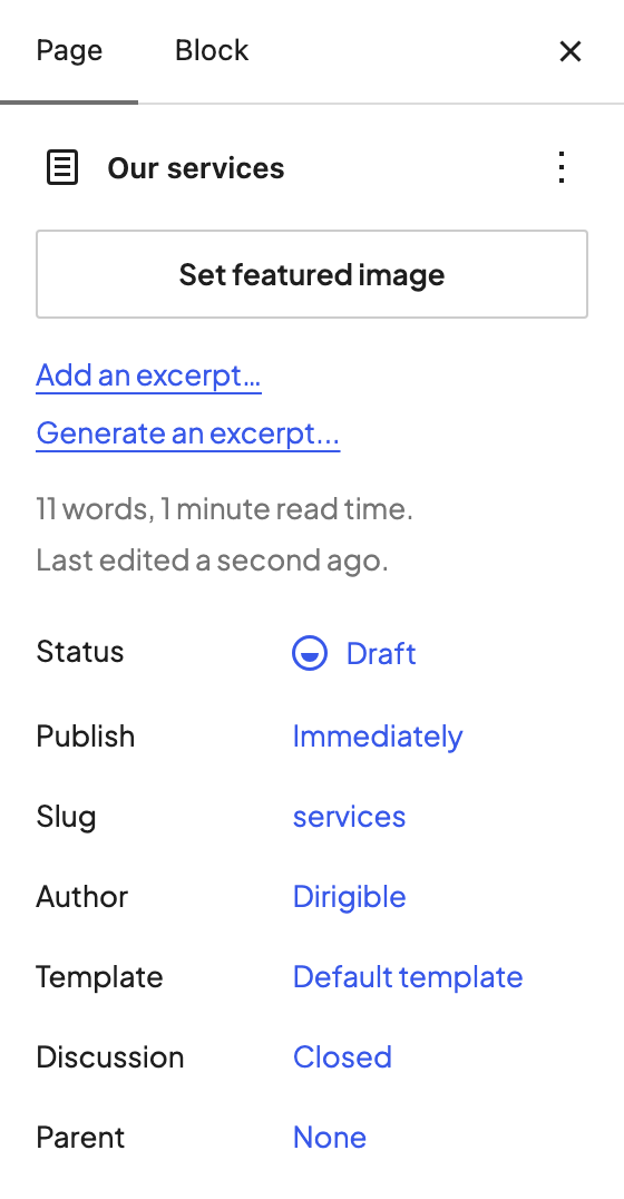 The Page tab of the editor sidebar, with the Slug row showing services between Publish and Author