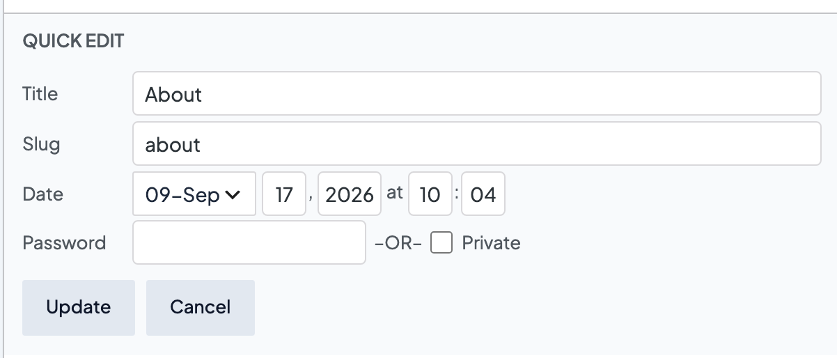 Quick Edit open for the About page with the Title and Slug fields and the Update button