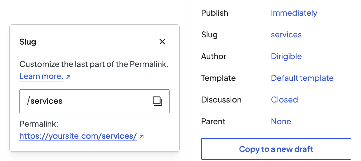 Slug popover open from the sidebar, with /services in the box and the Permalink preview below it