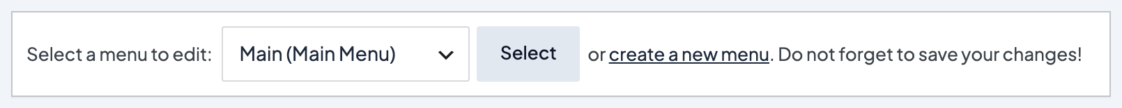 Menus screen bar with Select a menu to edit and the create a new menu link