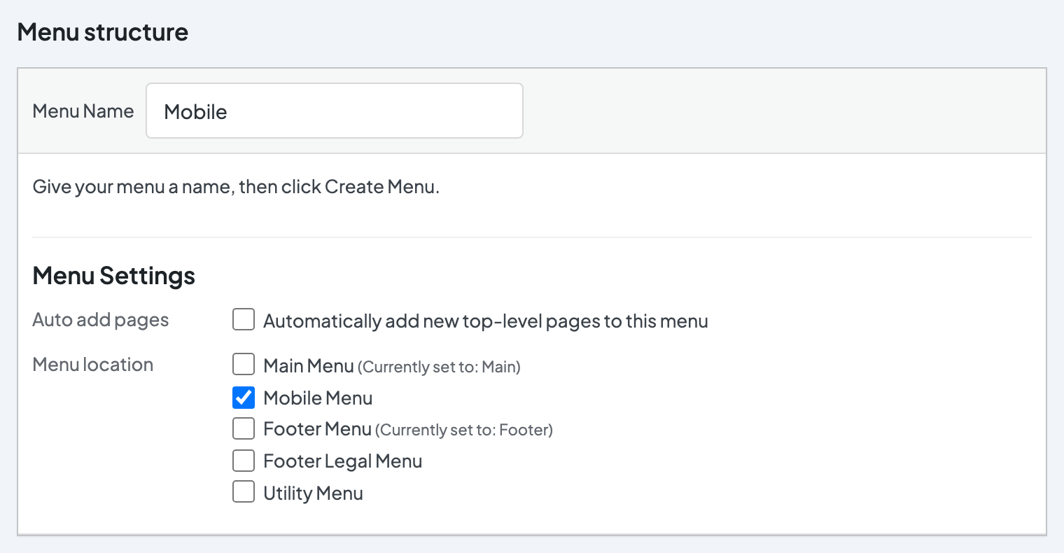 A new menu named Mobile with Mobile Menu checked under Menu location in Menu Settings