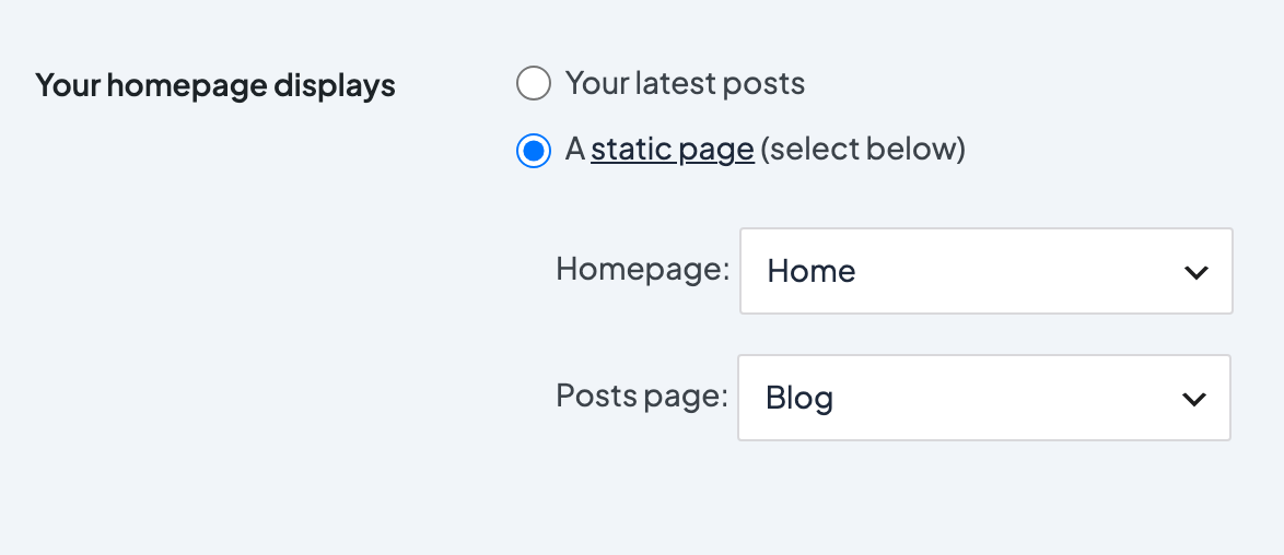 Settings → Reading with A static page selected, Home chosen as the Homepage and Blog as the Posts page
