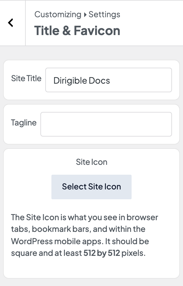 Customizer Settings → Title & Favicon section with the Site Title and Tagline fields and the Select Site Icon button