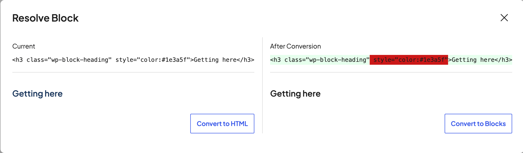Resolve Block window with the Current HTML and Convert to HTML on the left, and After Conversion with the difference highlighted and Convert to Blocks on the right