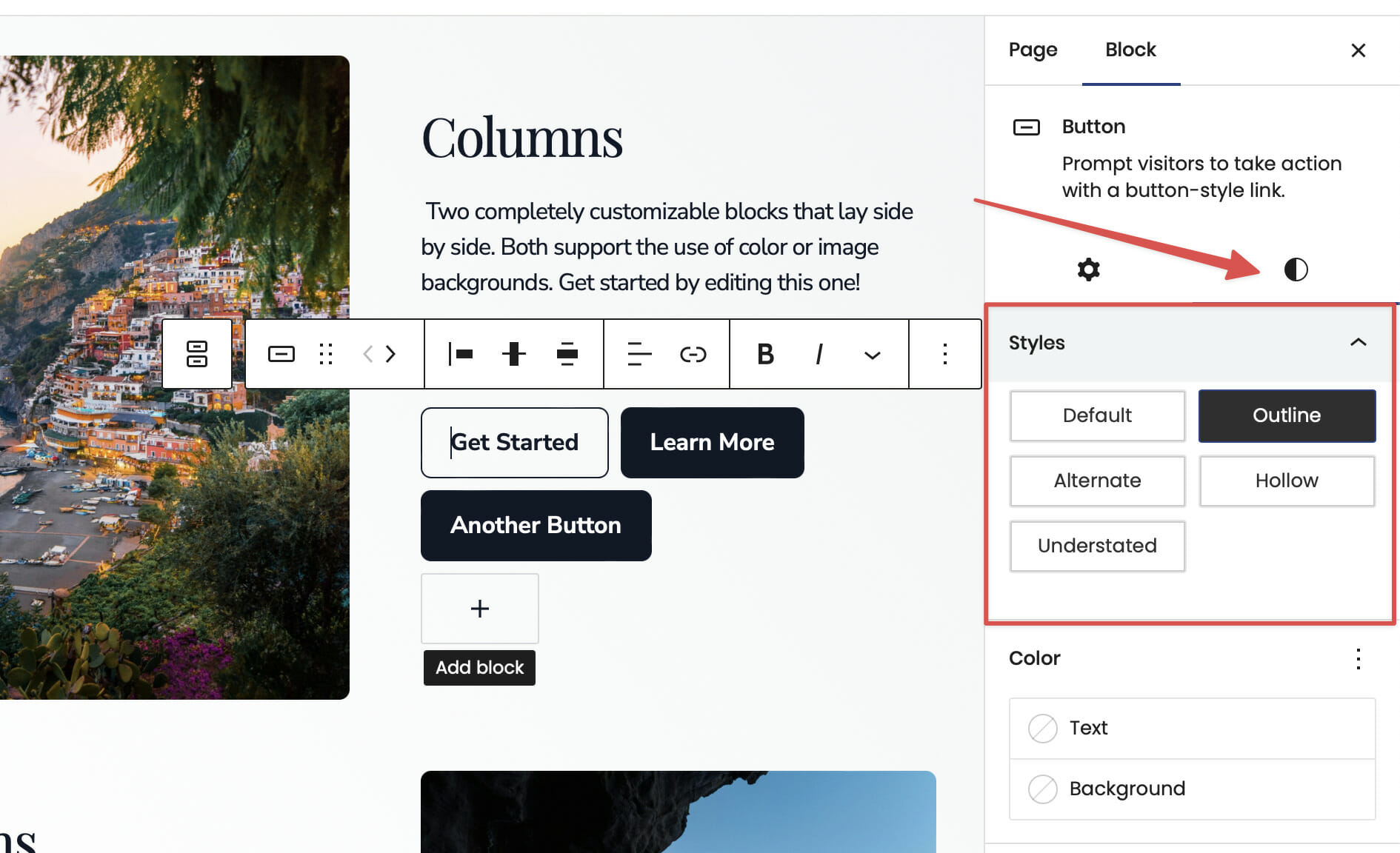 wordpress button styles ui with red arrow pointing to styles menu